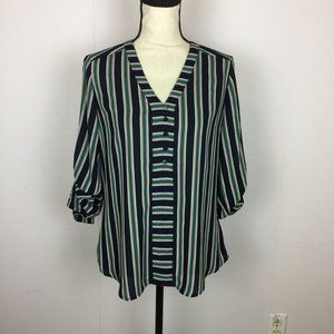 Express Shirt Blouse Sz S Womans Green Navy Blue Striped V-Neck Roll Tab Sleeve